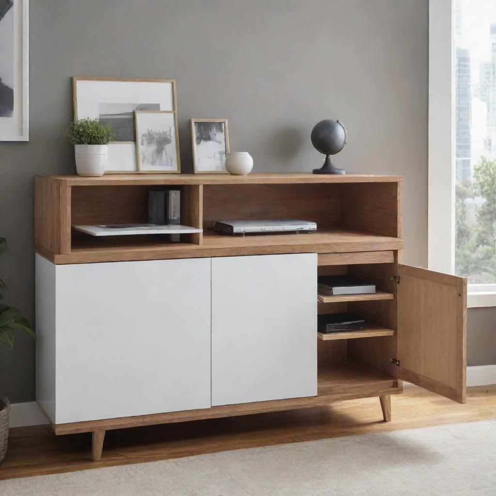 An elegant, low, transformer cabinet morphing into a master workspace. Crafted in a way that efficiently organizes all creative and repair materials, it can be stationed in any room while exuding grace and aesthetic appeal.