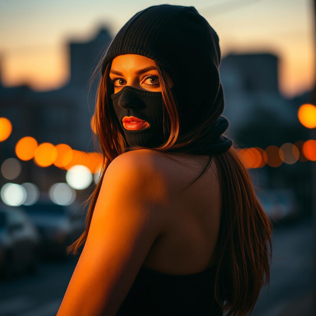 Cover art for the Telegram channel "Bad Pumpkin" featuring a sexy girl wearing a balaclava, with brown hair that falls to her shoulders