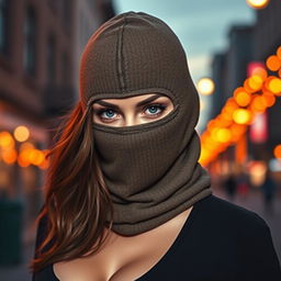 Cover art for the Telegram channel "Bad Pumpkin" featuring a sexy girl wearing a balaclava, with brown hair that falls to her shoulders
