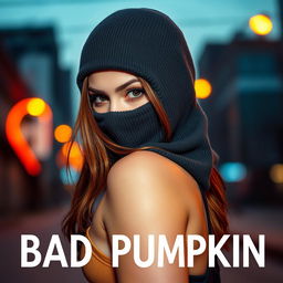 Cover art for the Telegram channel "Bad Pumpkin" featuring a sexy girl wearing a balaclava, with brown hair that falls to her shoulders