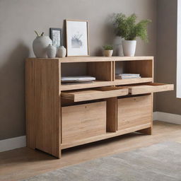 An elegant, low, transformer cabinet morphing into a master workspace. Crafted in a way that efficiently organizes all creative and repair materials, it can be stationed in any room while exuding grace and aesthetic appeal.