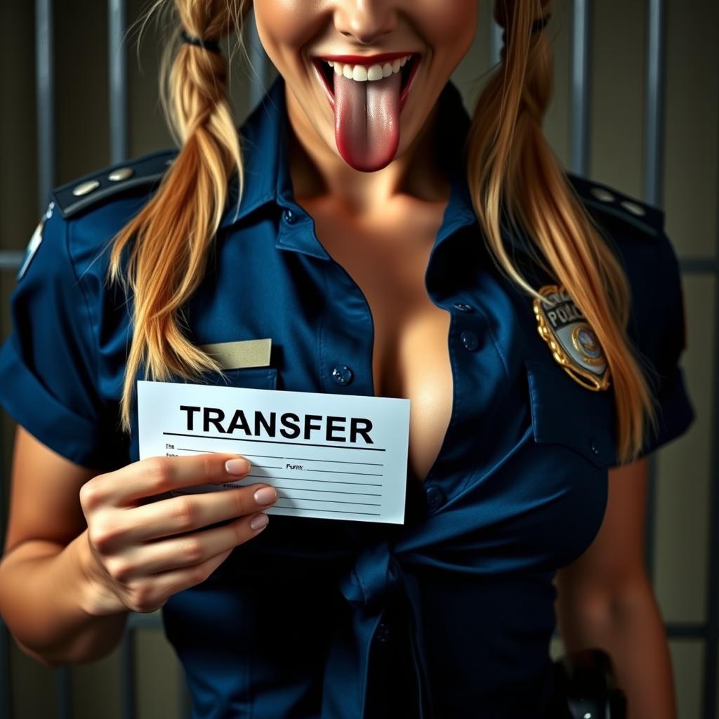 An extreme close-up of a stunning police officer with blonde pigtails, wearing a blue uniform shirt tied at the front, displaying a police badge and a prominent chest with visible cleavage