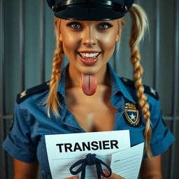 An extreme close-up of a stunning police officer with blonde pigtails, wearing a blue uniform shirt tied at the front, displaying a police badge and a prominent chest with visible cleavage