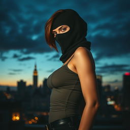 Cover art for the Telegram channel "Bad Pumpkin" featuring an alluring girl wearing a balaclava, with brown hair that is shorter than her shoulders