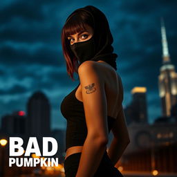 Cover art for the Telegram channel "Bad Pumpkin" featuring an alluring girl wearing a balaclava, with brown hair that is shorter than her shoulders
