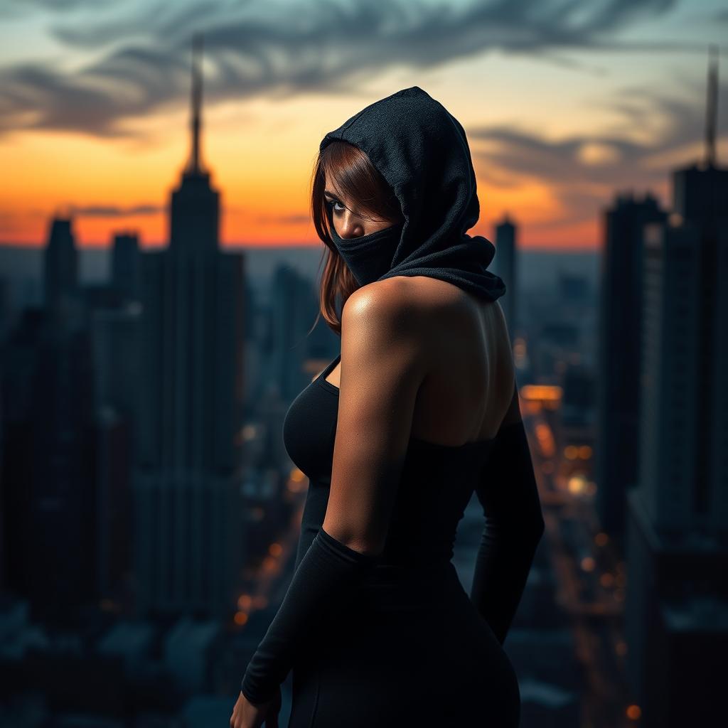 Cover art for the Telegram channel "Bad Pumpkin" featuring an alluring girl wearing a balaclava, with brown hair that is shorter than her shoulders