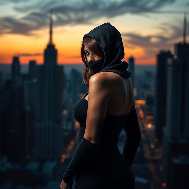 Cover art for the Telegram channel "Bad Pumpkin" featuring an alluring girl wearing a balaclava, with brown hair that is shorter than her shoulders