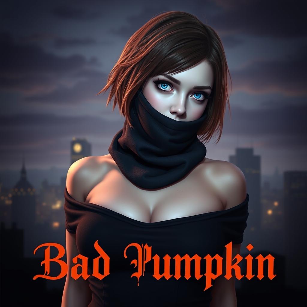 Cover art for the Telegram channel "Bad Pumpkin" featuring a sexy girl with blue eyes and brown hair that is shorter than her shoulders, wearing a balaclava