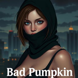Cover art for the Telegram channel "Bad Pumpkin" featuring a sexy girl with blue eyes and brown hair that is shorter than her shoulders, wearing a balaclava