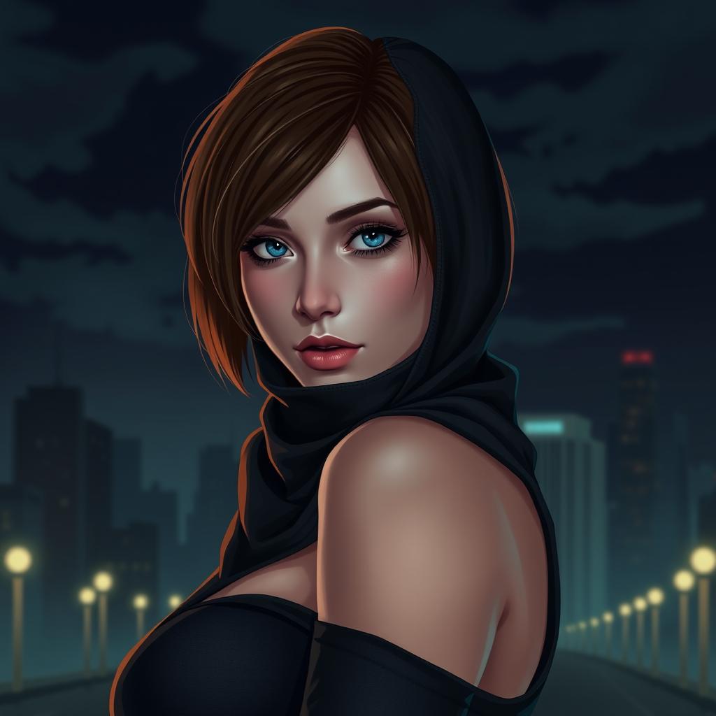 Cover art for the Telegram channel "Bad Pumpkin" featuring a sexy girl with blue eyes and brown hair that is shorter than her shoulders, wearing a balaclava