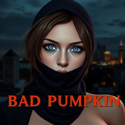 Cover art for the Telegram channel "Bad Pumpkin" featuring a sexy girl with blue eyes and brown hair that is shorter than her shoulders, wearing a balaclava