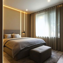 A bedroom displaying ambient decor lights surrounding a 6x6 bed, an elegant wardrobe to the side, a mirror accompanied by a TV console.