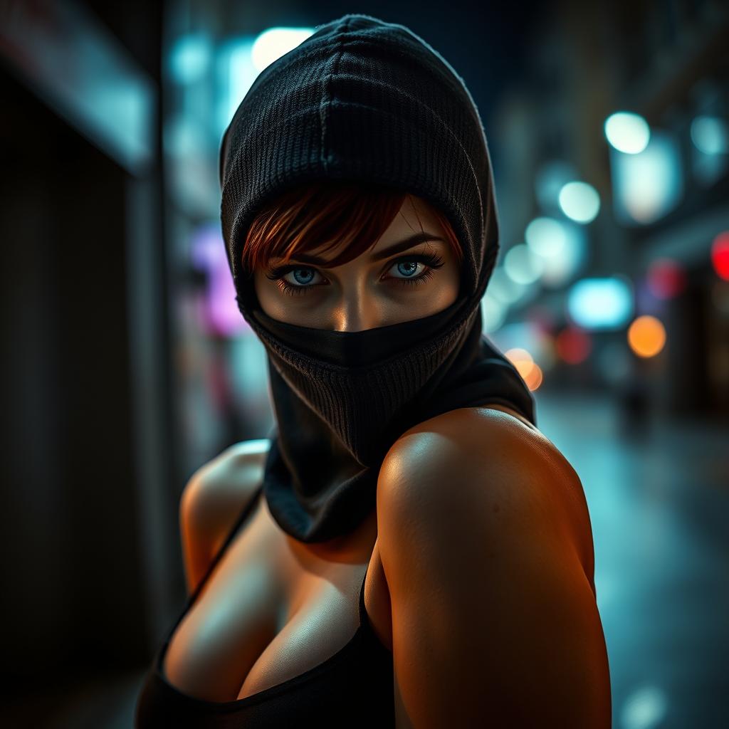 Cover art for the Telegram channel "Bad Pumpkin" featuring a sexy girl wearing a balaclava, showcasing her blue eyes and brown hair that is shorter than her shoulders