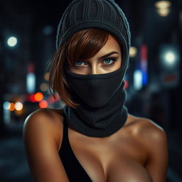 Cover art for the Telegram channel "Bad Pumpkin" featuring a sexy girl wearing a balaclava, showcasing her blue eyes and brown hair that is shorter than her shoulders