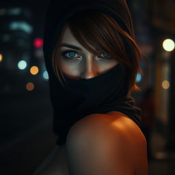 Cover art for the Telegram channel "Bad Pumpkin" featuring a sexy girl wearing a balaclava, showcasing her blue eyes and brown hair that is shorter than her shoulders