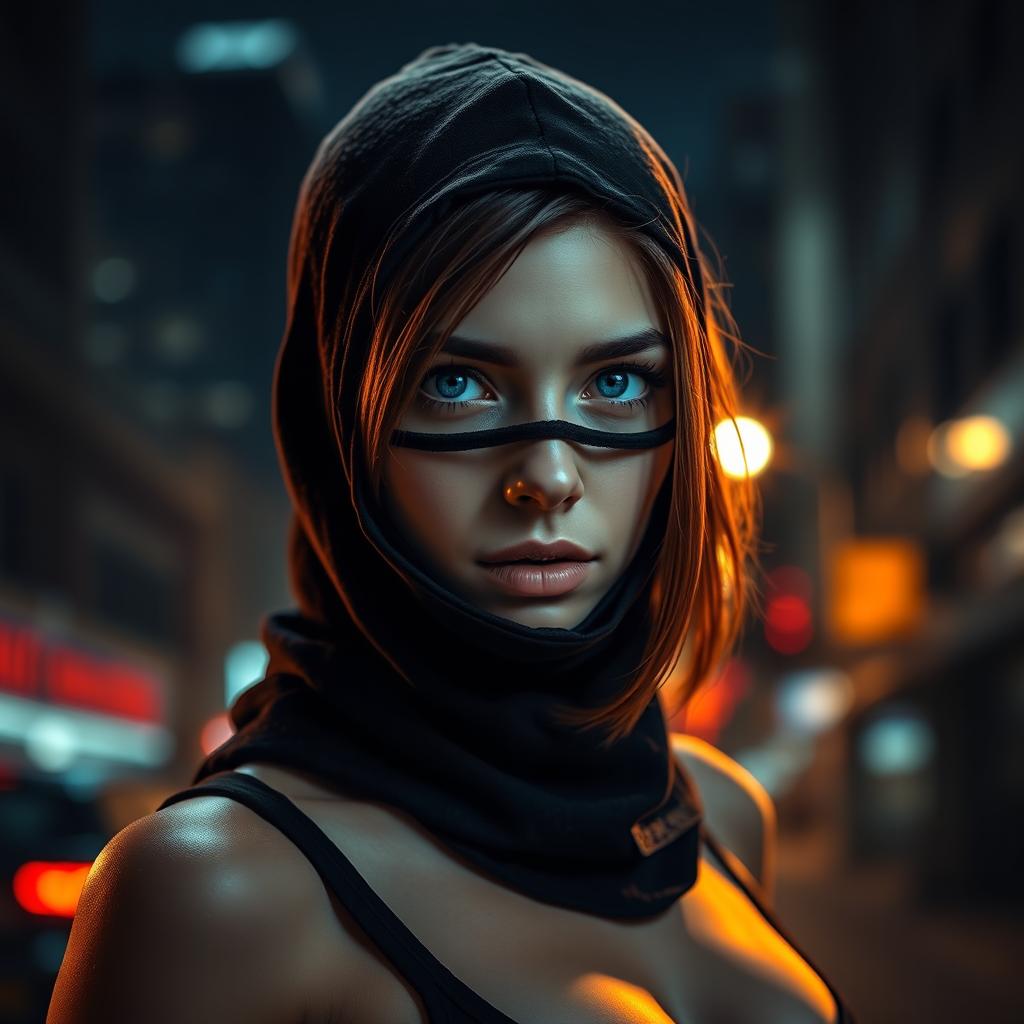 Cover art for the Telegram channel "Bad Pumpkin" featuring a sexy girl wearing a balaclava, showcasing her blue eyes and brown hair that is shorter than her shoulders