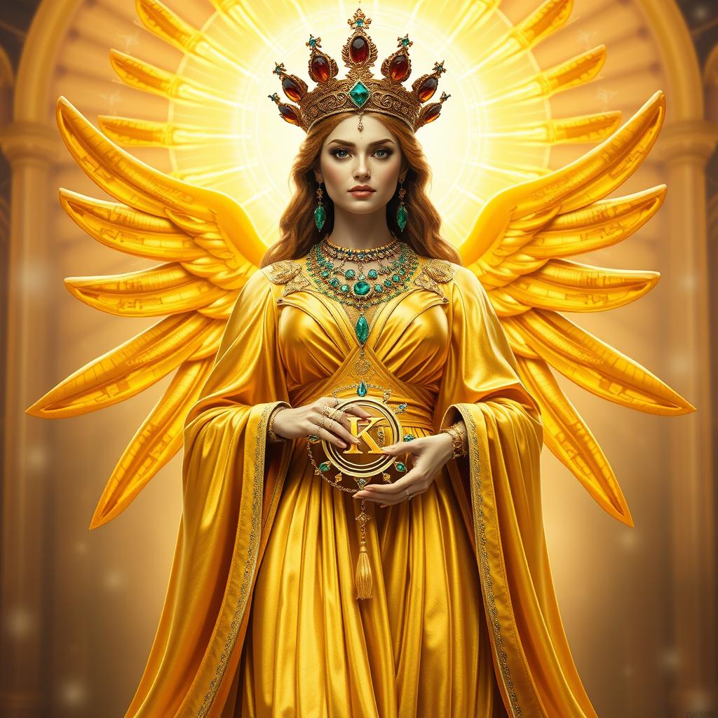 The grand Goddess of Royalty stands with imperial grace, clad in a rich gold flowing dress that gleams with splendor and nobility