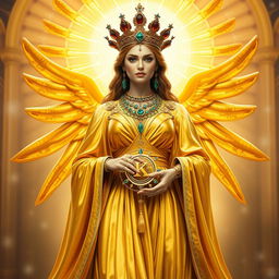 The grand Goddess of Royalty stands with imperial grace, clad in a rich gold flowing dress that gleams with splendor and nobility