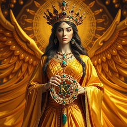 The grand Goddess of Royalty stands with imperial grace, clad in a rich gold flowing dress that gleams with splendor and nobility