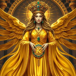 The grand Goddess of Royalty stands with imperial grace, clad in a rich gold flowing dress that gleams with splendor and nobility