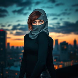 Cover art for the Telegram channel "Bad Pumpkin" featuring an alluring girl with blue eyes, brown hair shorter than her shoulders, and wearing a balaclava