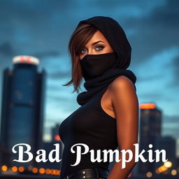 Cover art for the Telegram channel "Bad Pumpkin" featuring an alluring girl with blue eyes, brown hair shorter than her shoulders, and wearing a balaclava