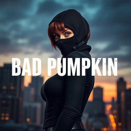 Cover art for the Telegram channel "Bad Pumpkin" featuring an alluring girl with blue eyes, brown hair shorter than her shoulders, and wearing a balaclava