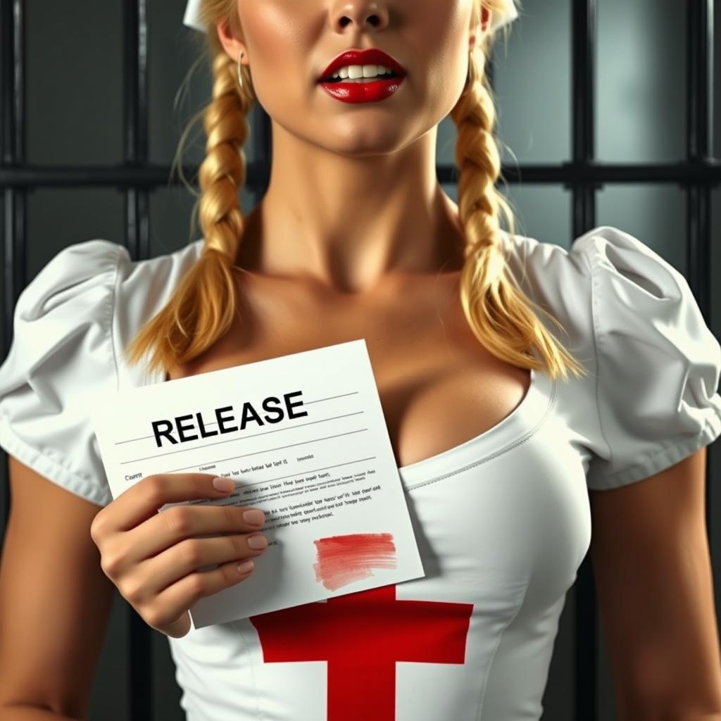 Extreme close-up of a gorgeous nurse with blond pigtails wearing a tight white dress with a red cross, highlighting her large chest and prominent cleavage