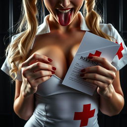 Extreme close-up of a gorgeous nurse with blond pigtails wearing a tight white dress with a red cross, highlighting her large chest and prominent cleavage