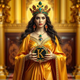 The regal Goddess of Royalty stands with an air of supreme elegance, clad in a rich gold flowing dress that exudes grandeur and nobility