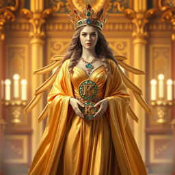 The regal Goddess of Royalty stands with an air of supreme elegance, clad in a rich gold flowing dress that exudes grandeur and nobility