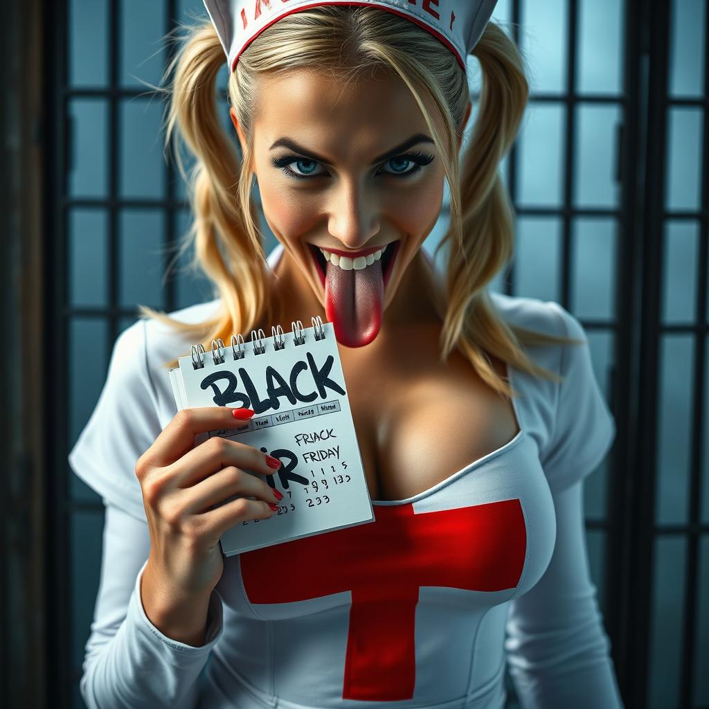 Extreme close-up of a gorgeous nurse with blond pigtails, wearing a tight white dress with a red cross that highlights her large chest and prominent cleavage