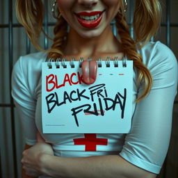 Extreme close-up of a gorgeous nurse with blond pigtails, wearing a tight white dress with a red cross that highlights her large chest and prominent cleavage