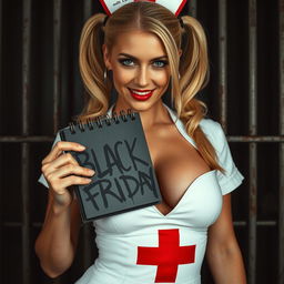 Extreme close-up of a gorgeous nurse with blond pigtails, wearing a fitted white dress featuring a red cross, accentuating her large chest and deep cleavage