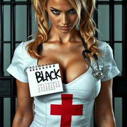 Extreme close-up of a gorgeous nurse with blond pigtails, wearing a fitted white dress featuring a red cross, accentuating her large chest and deep cleavage