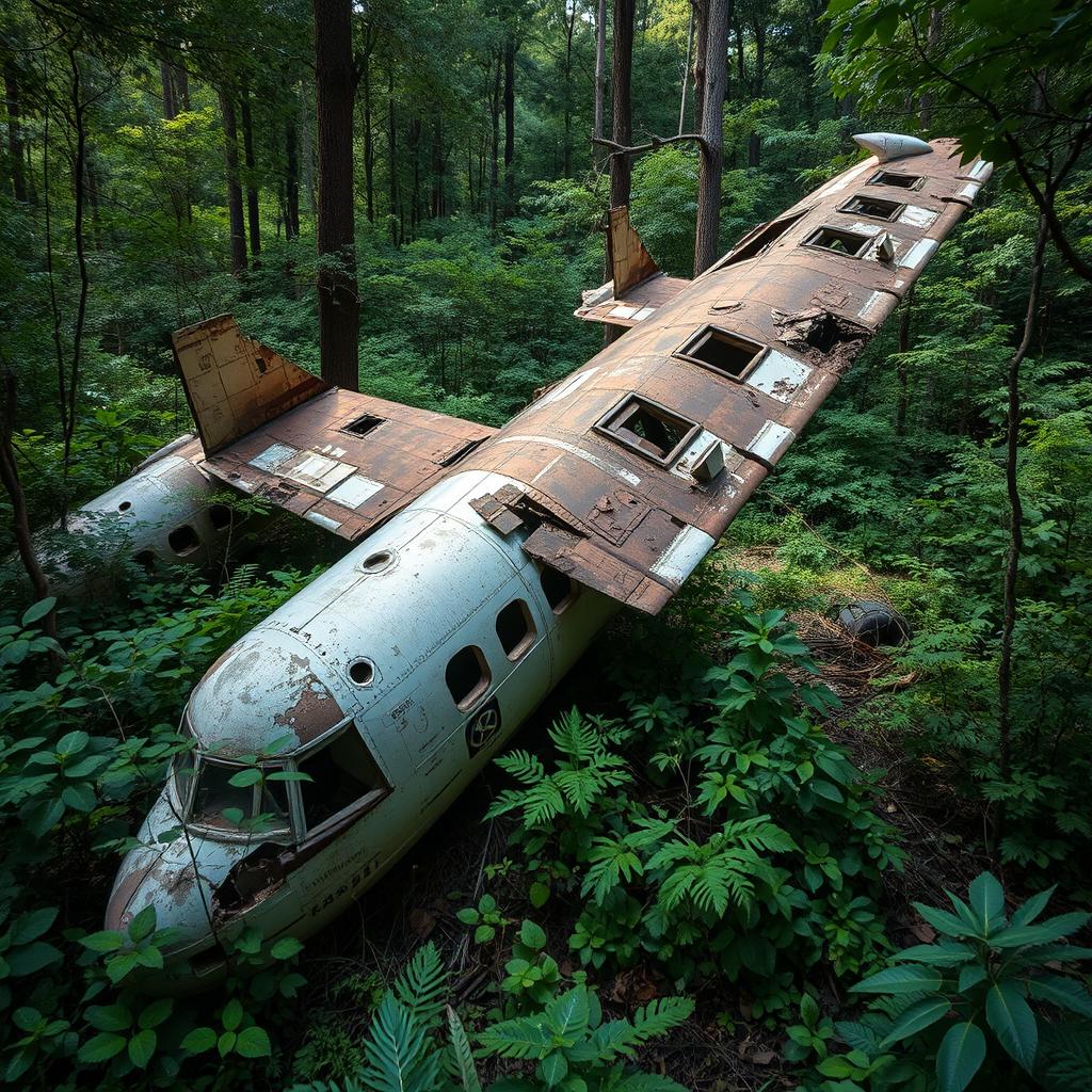 a beautifully ruined or abandoned airplane with torn wings, surrounded by lush vegetation, capturing a sense of mystery and decay in a forgotten forest