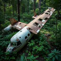 a beautifully ruined or abandoned airplane with torn wings, surrounded by lush vegetation, capturing a sense of mystery and decay in a forgotten forest