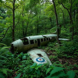 a beautifully ruined or abandoned airplane with torn wings, surrounded by lush vegetation, capturing a sense of mystery and decay in a forgotten forest