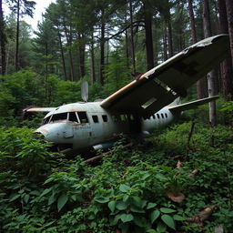 a beautifully ruined or abandoned airplane with torn wings, surrounded by lush vegetation, capturing a sense of mystery and decay in a forgotten forest