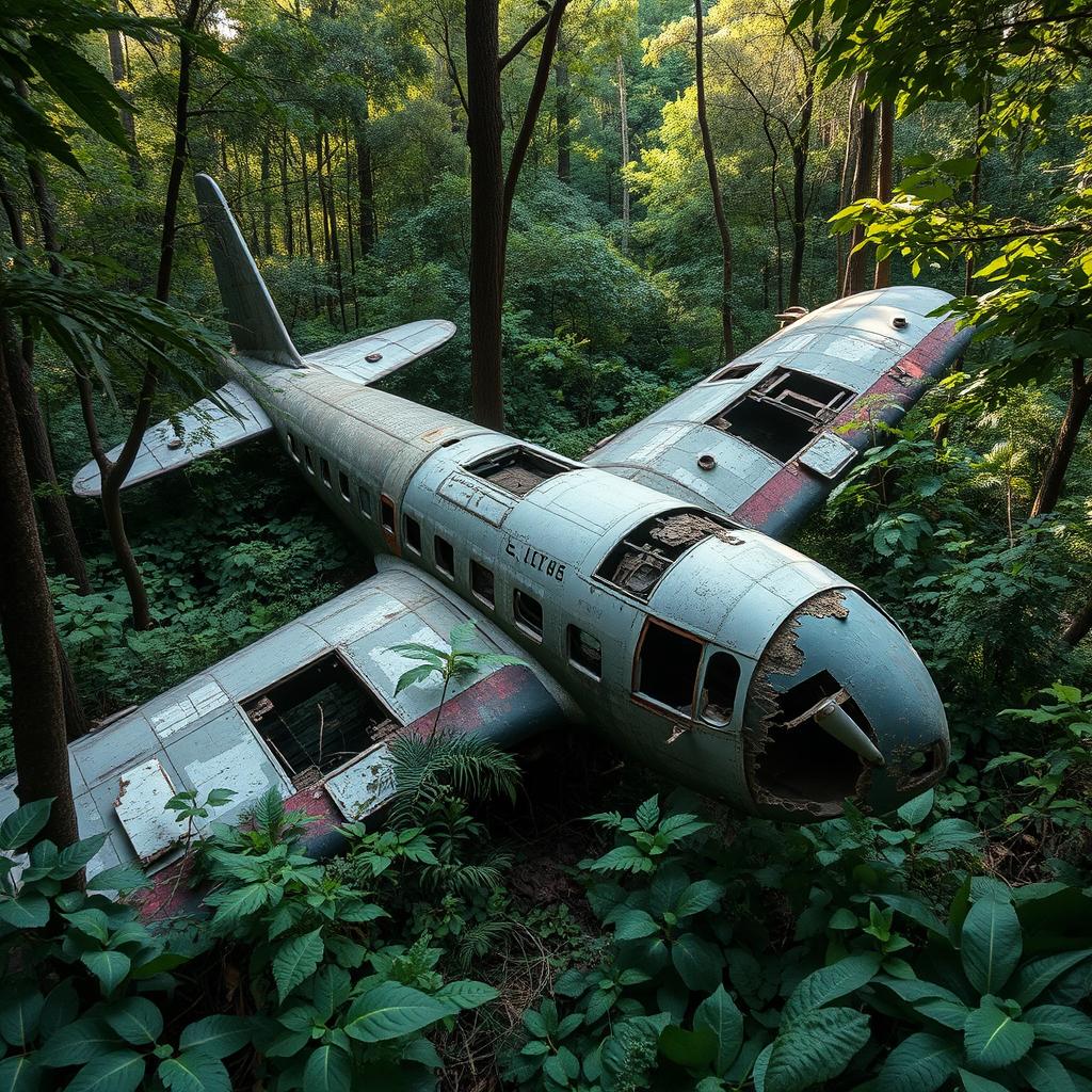 a beautifully ruined or abandoned airplane with torn wings, surrounded by lush vegetation, capturing a sense of mystery and decay in a forgotten forest