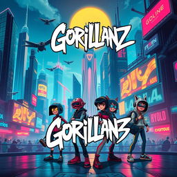 A futuristic album cover in the style of Gorillaz, featuring a vibrant and eclectic mix of cyberpunk and surreal elements