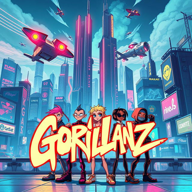 A futuristic album cover in the style of Gorillaz, featuring a vibrant and eclectic mix of cyberpunk and surreal elements