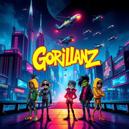 A futuristic album cover in the style of Gorillaz, featuring a vibrant and eclectic mix of cyberpunk and surreal elements