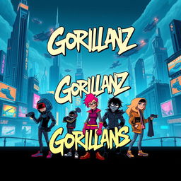 A futuristic album cover in the style of Gorillaz, featuring a vibrant and eclectic mix of cyberpunk and surreal elements