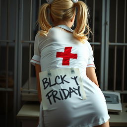 Extreme close-up of a gorgeous nurse with blond pigtails, wearing a short, fitted white dress adorned with a red cross