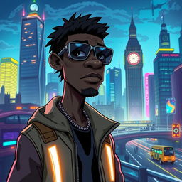 A black man, depicted in the distinct Gorillaz art style, standing in a futuristic version of London