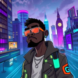 A black man, depicted in the distinct Gorillaz art style, standing in a futuristic version of London