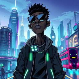 A black man, depicted in the distinct Gorillaz art style, standing in a futuristic version of London