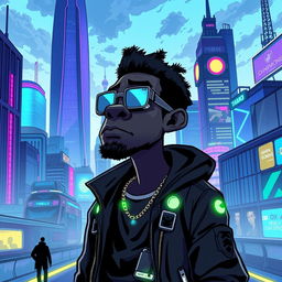 A black man, depicted in the distinct Gorillaz art style, standing in a futuristic version of London