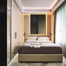 A bedroom displaying ambient decor lights surrounding a 6x6 bed, an elegant wardrobe to the side, a mirror accompanied by a TV console.